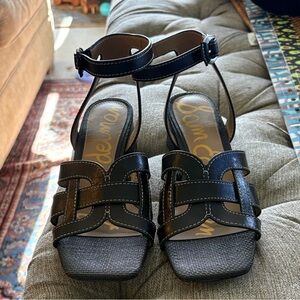 Sam Edelman “Wayla” Black Leather Strappy Square-Toe Block Heel Sandals